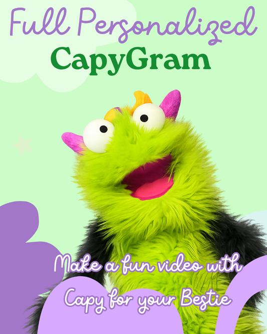 Colorful puppet with a green face and purple hair on a light green background, promoting 'Full Personalized CapyGram'.