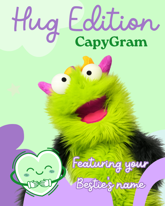 CapyGram plush toy with a green face and purple hair on a light green background