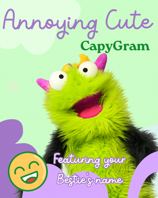 Green plush toy with colorful accents on a green background, featuring the text 'Annoying Cute CapyGram' and 'Featuring your Bestie's name'.
