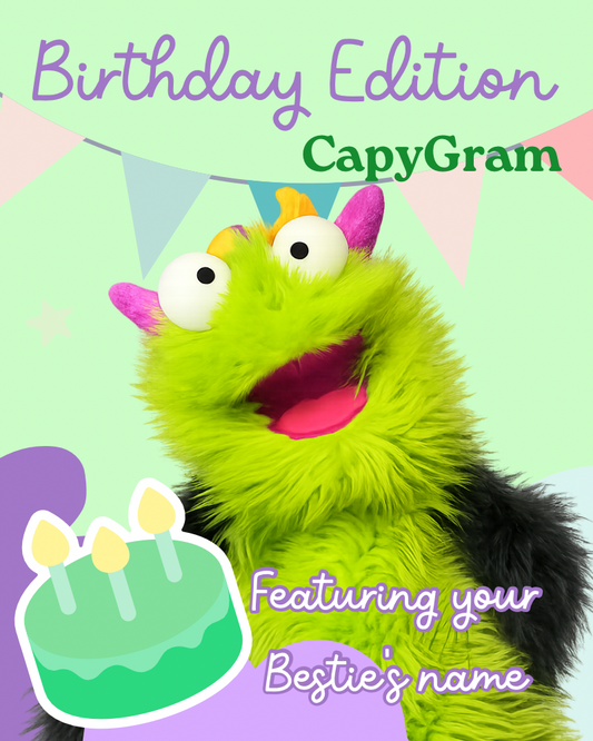 Colorful character with a birthday cake graphic and 'CapyGram' branding on a green background